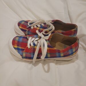 Dansko Veda Red Blue Plaid Clogs Sneakers Size 39 EU 8 8.5 US